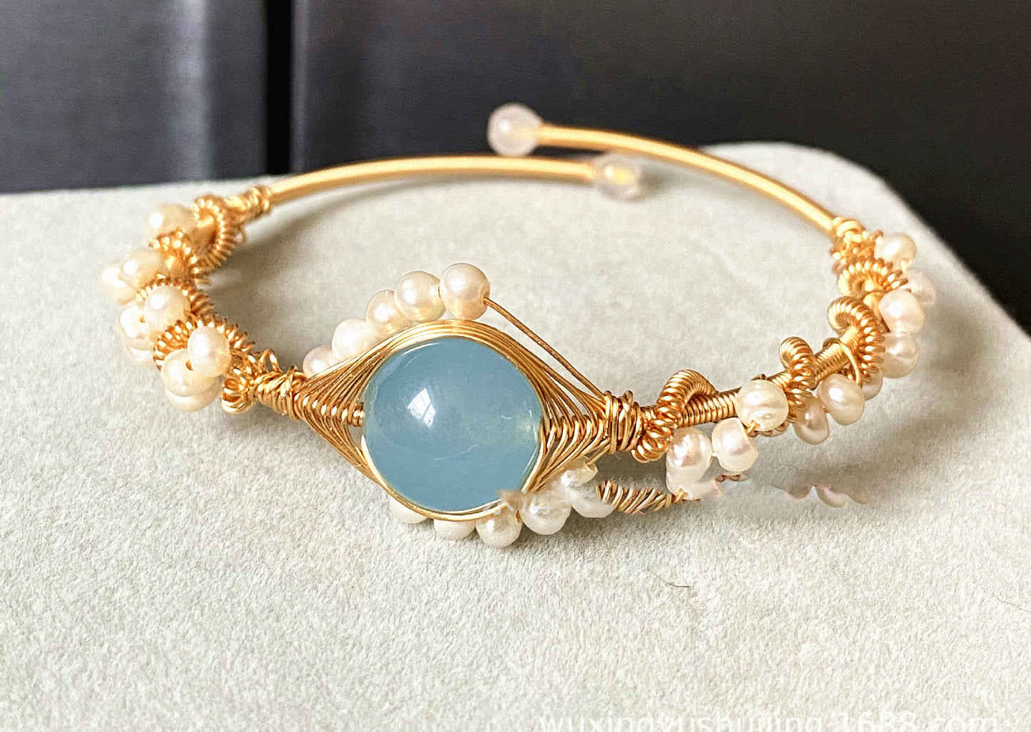 14K Gold-Wrapped Handmade Bracelet - Sapphire and White Pearl