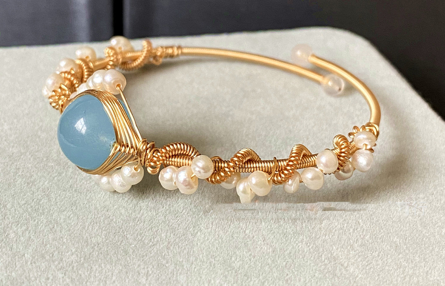 14K Gold-Wrapped Handmade Bracelet - Sapphire and White Pearl