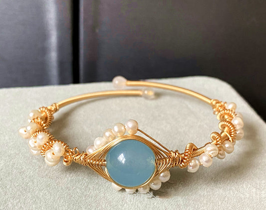 14K Gold-Wrapped Handmade Bracelet - Sapphire and White Pearl